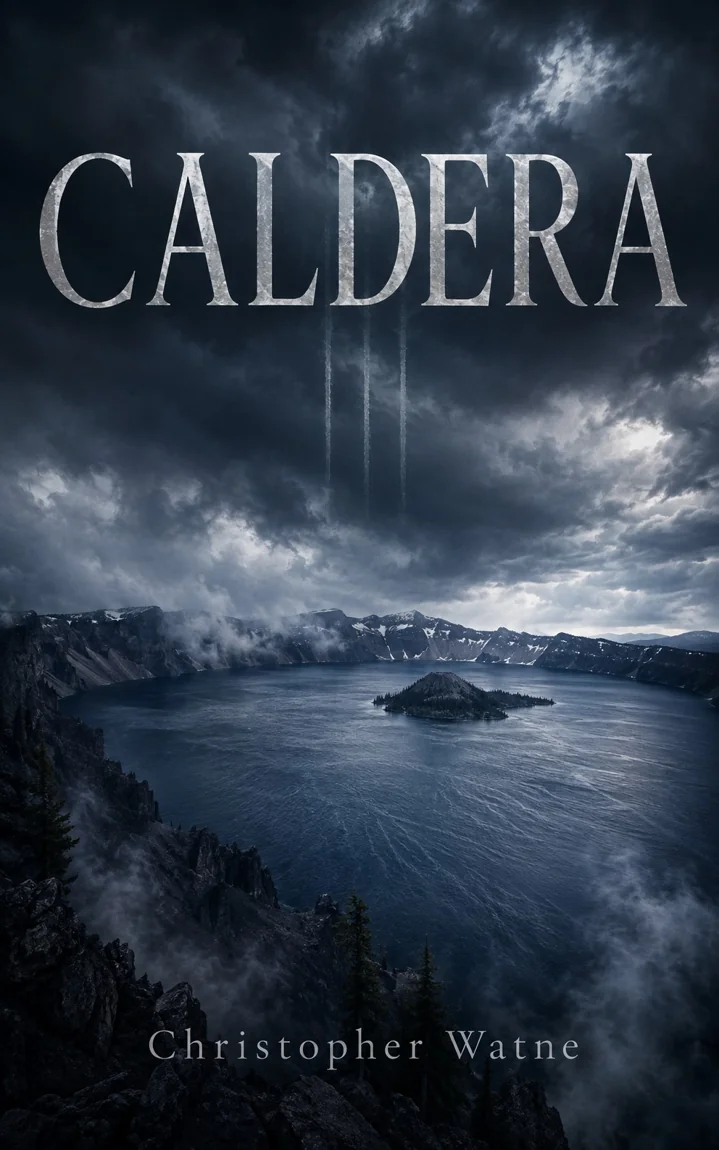 Caldera book cover featuring storm clouds above Crater Lake