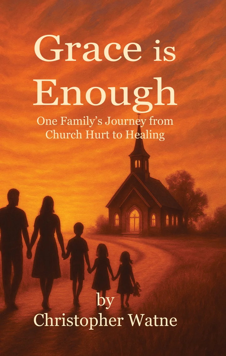 Grace Is Enough book cover in sunset orange with a family walking toward a church