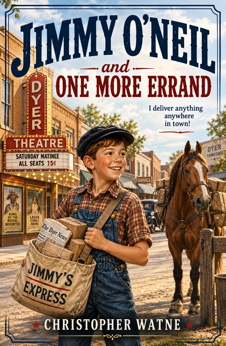 Jimmy O’Neil and One More Errand illustrated book cover, showing a boy with a horse in town